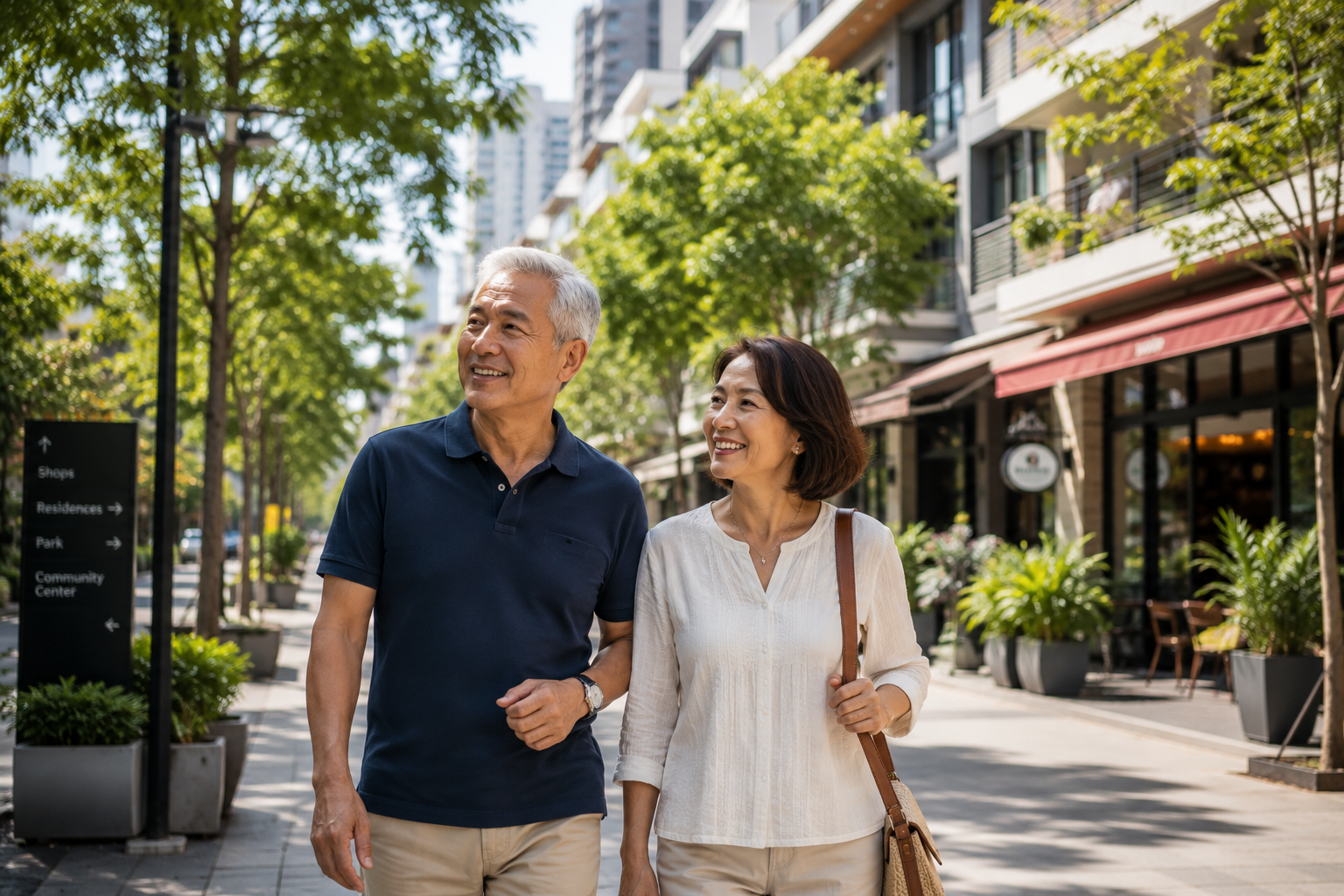 Retired couple exploring a mixed-use urban neighborhood in Asia